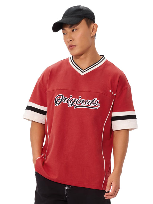 The Souled Store Fiesta Men and Boys Short Sleeves V- Neck Red Embroidered Cotton Oversized T-Shirts