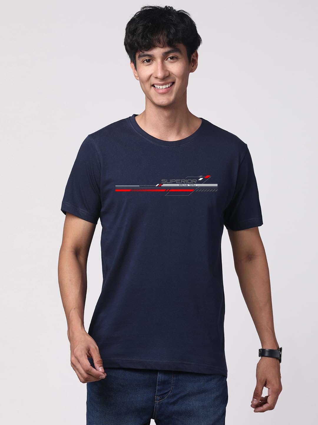 ADRO Men's Graphic Printed 100% Cotton T-Shirt - Regular Fit, Printed T-Shirts for Men (RN24-RAC-NB_Navy)