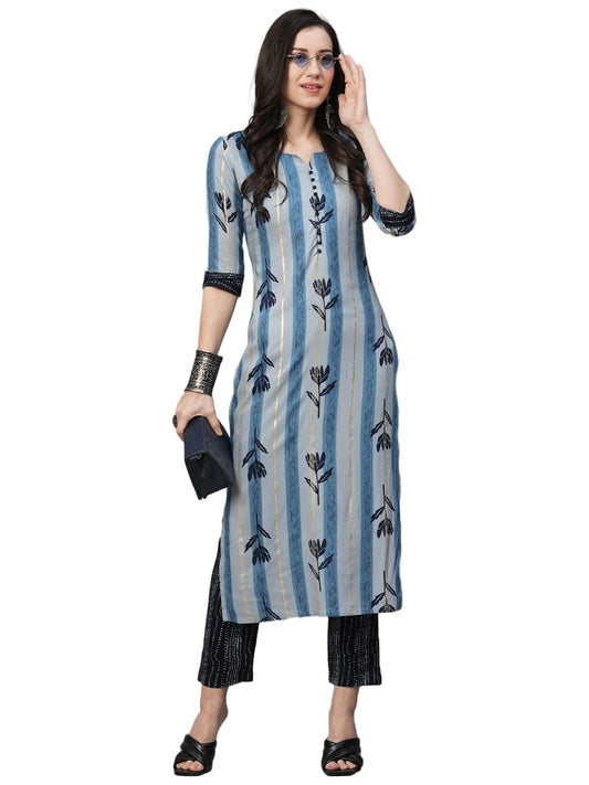 GoSriKi Women's Cotton Blend Straight Printed Kurta with Pant (Dania-Nw-GS)