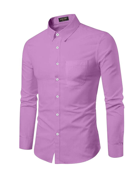 Mildin MenS Regular Cotton Blend Purple Slim Fit Solid Button Down Spread Collar Full Sleeve Curved Hemline Formal Shirt With O
