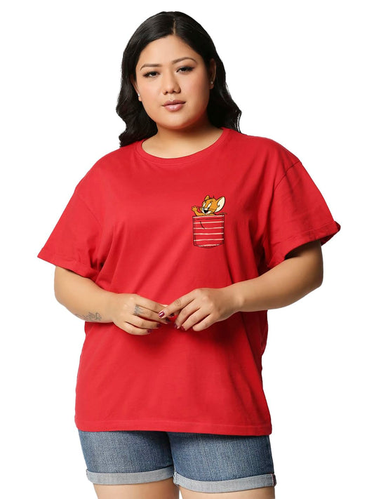 Bewakoof Official Tom & Jerry Merchandise Womens Graphic Printed Plus Size Boyfriend T-Shirt_625705_Red_3XL