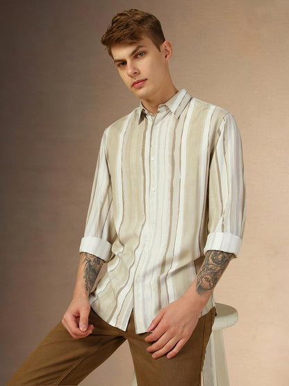 Dennis Lingo Men Brown Stripes Relaxed Fit Full Sleeve Spread Collar Shirts