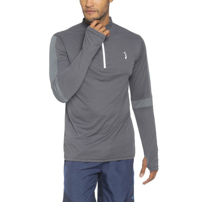 Campus Sutra Mens Dark Grey Activewear T-Shirt with Self-Design Stripes for Casual Wear | Dri-Fit | Mock Neck | Long Sleeve | Z
