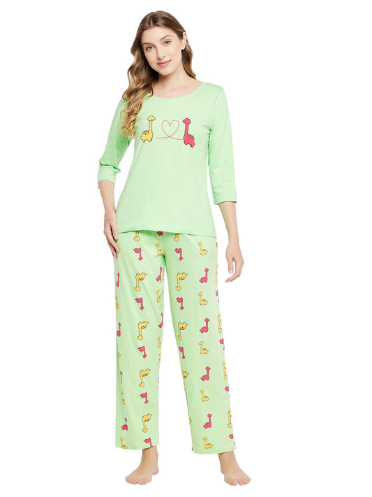 Clovia Womens Cotton Graphic Print Top & Pyjama Set (LS0680P11_Green_S)