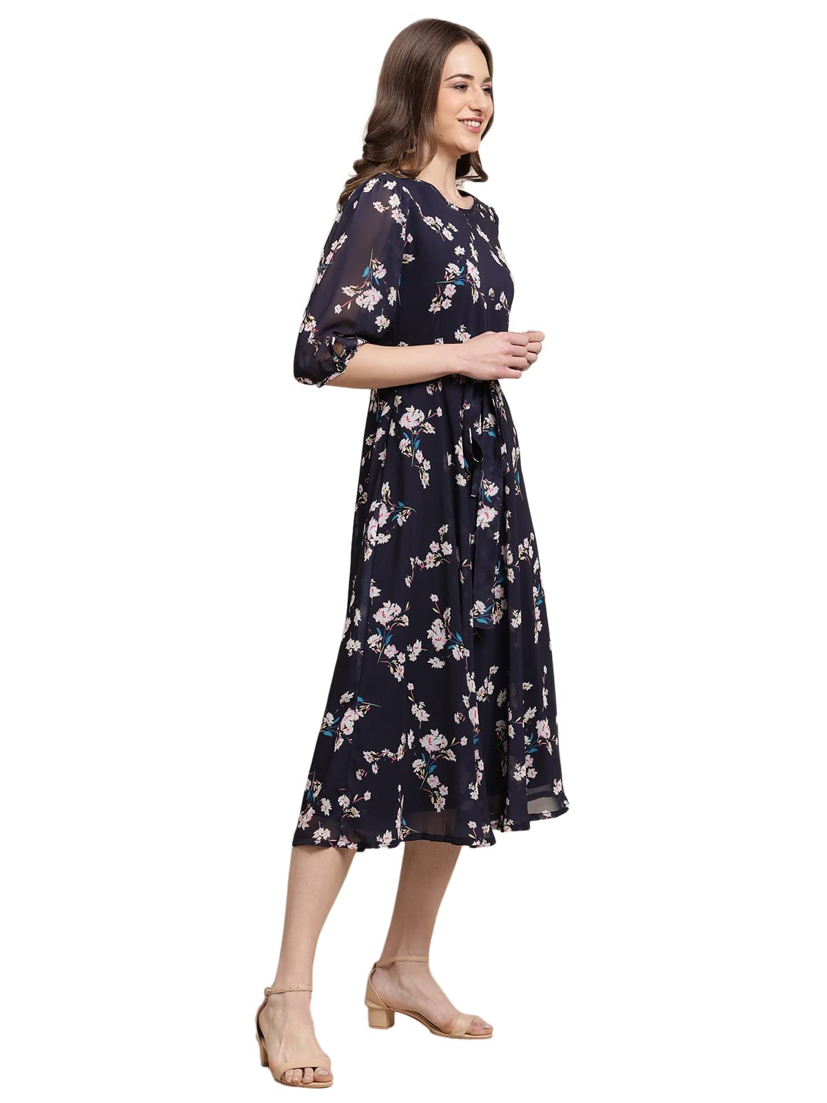 Preneum Womens Maxi Fit & Flare Latest Style Print Georgette Regular Sleeves Casual Summer Maxi Dress || Festival & Occasion, D