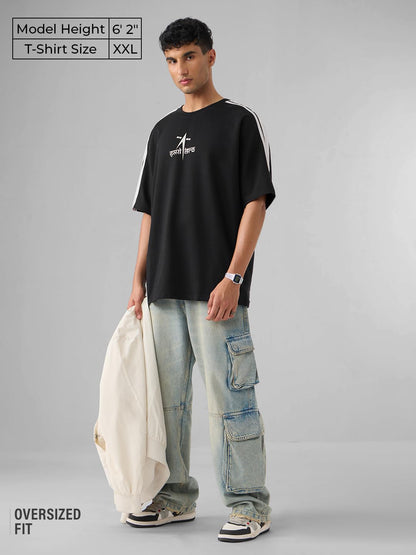 The Souled Store ISRO: to The Moon Men and Boys Short Sleeves Round Neck Black Graphic Printed Cotton Oversized T-Shirts