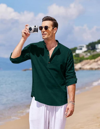 Hemadhav MenS Regular Fit Cotton Blend Casual Kurta Dark Green
