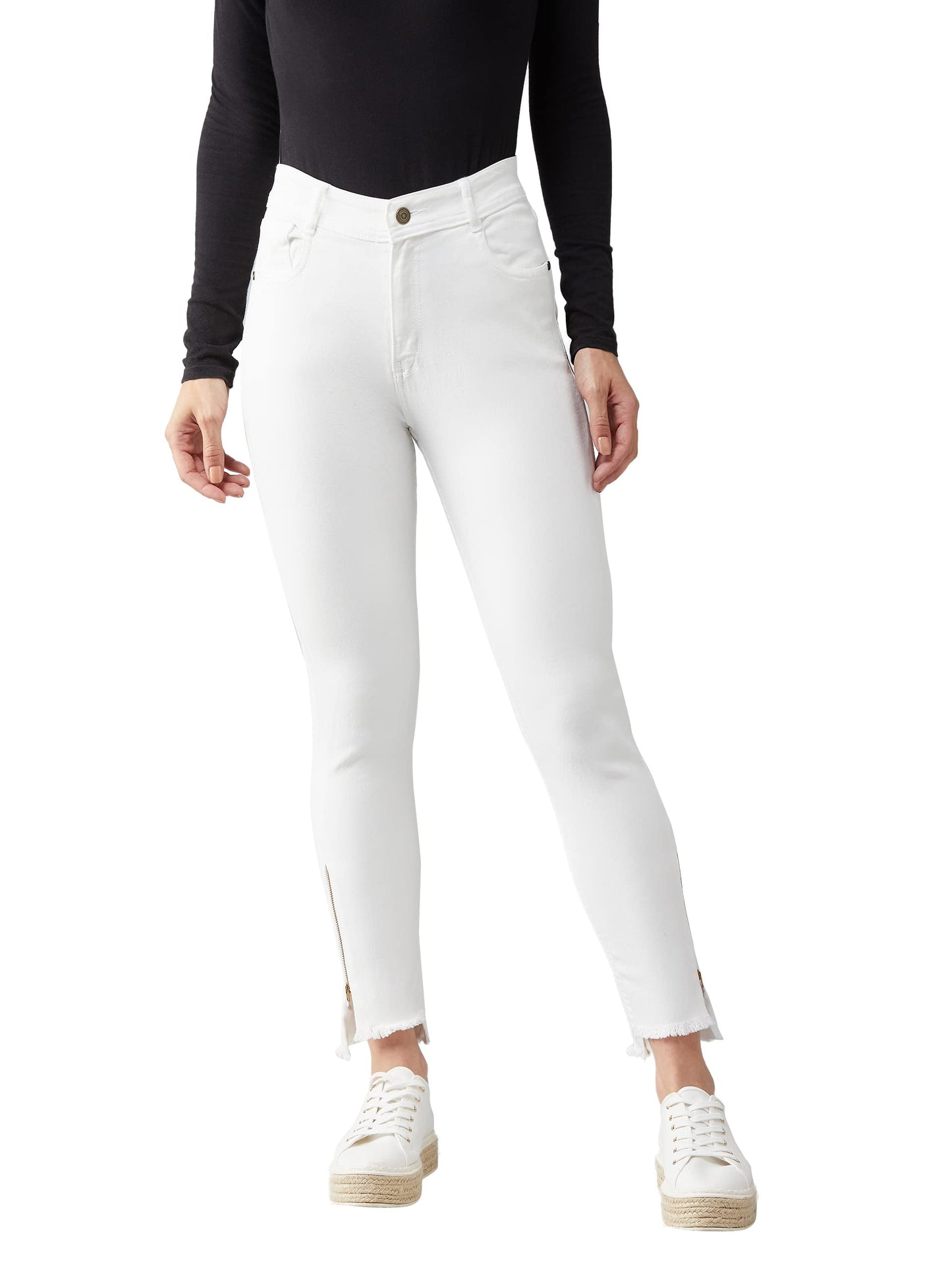 Dolce Crudo Womens White Skinny Fit High Rise Side Slit Raw Edge Detailing Clean Look Cropped Stretchable Denim Jeans (DOSS19DE