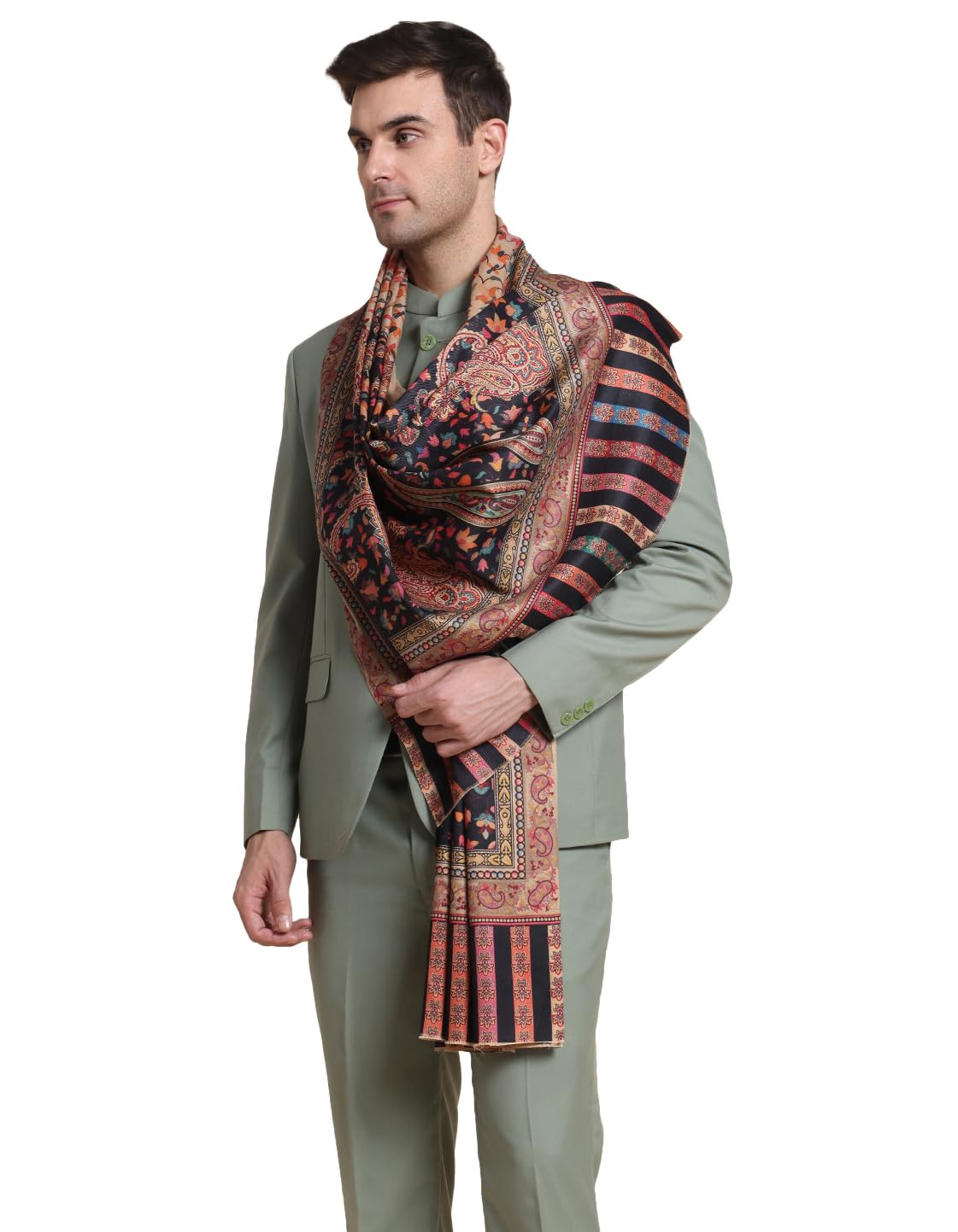 Weavers Villa Mens Acro Wool Blend Printed Shawl - Handloom Paisley Design - Stoles for Men - Gents Shawls - Soft & Warm Wrap -