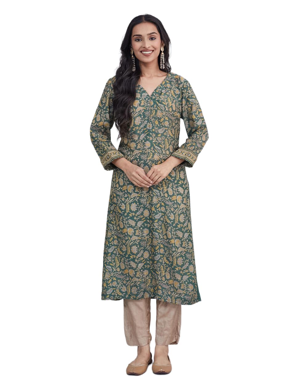 Fabindia Women'S Green Rayon Blend Printed Floral Slim Fit Long Kurta