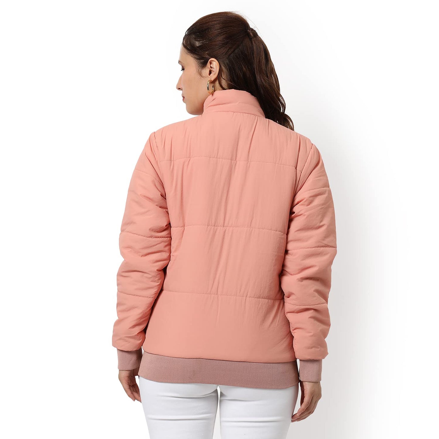 Campus Sutra Women Peach Pink Puffer Regular Fit Bomber Jacket For Winter Wear | Standing Collar | Full Sleeve | Buttoned | Casu