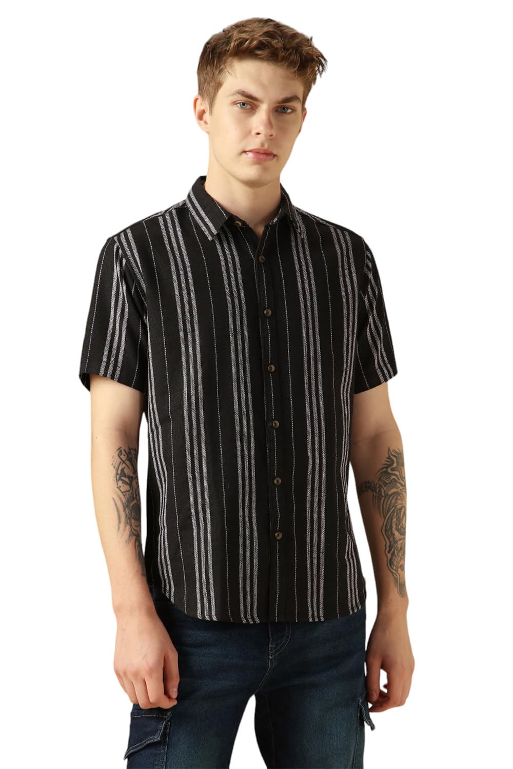 Dennis Lingo MenS Black Polycotton Spread Collar Short Sleeves Striped Shirts