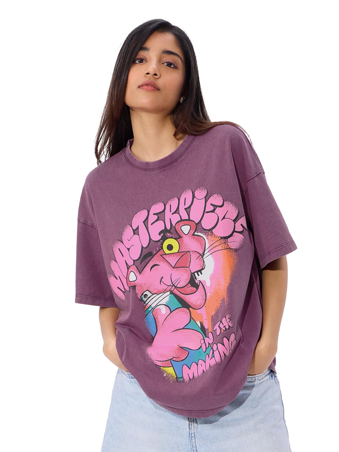 The Souled Store Official Pink Panther: Masterpiece Women and Girls Short Sleeve Round Neck Printed Cotton Oversized T-Shirts