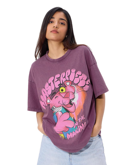 The Souled Store Official Pink Panther: Masterpiece Women and Girls Short Sleeve Round Neck Printed Cotton Oversized T-Shirts