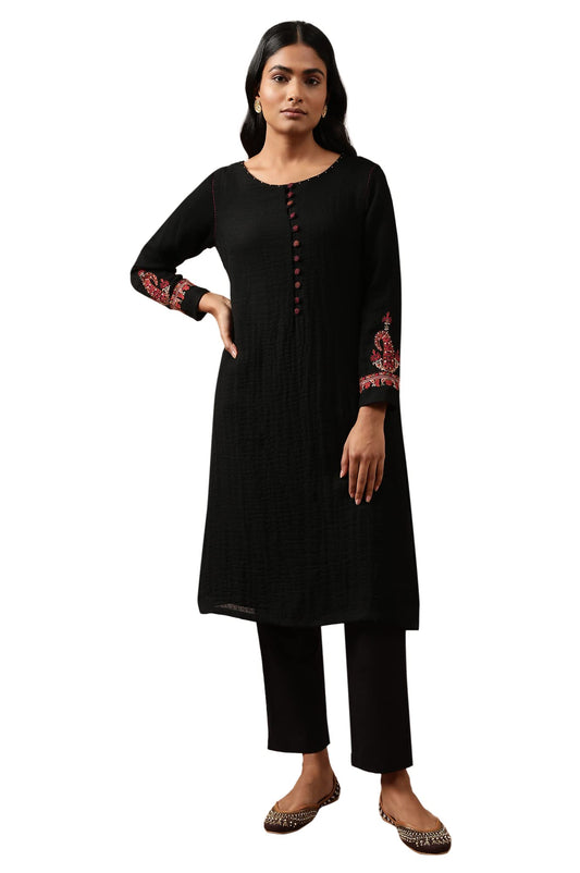 W for Woman Black Woollen Embroidered Kurta