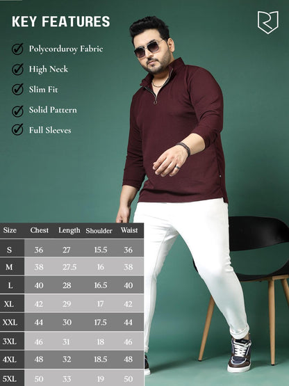 Rigo Polyester Plus Size T-Shirt for Men | High Neck, Slim Fit T-Shirt for Men | Solid Casual Plus Size T-Shirts Wine