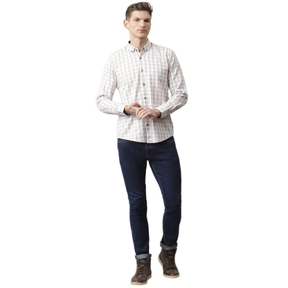 Thomas Scott Mens Checkered Slim Fit 100% Cotton Casual Shirt with Button Down Collar and Full Sleeve White