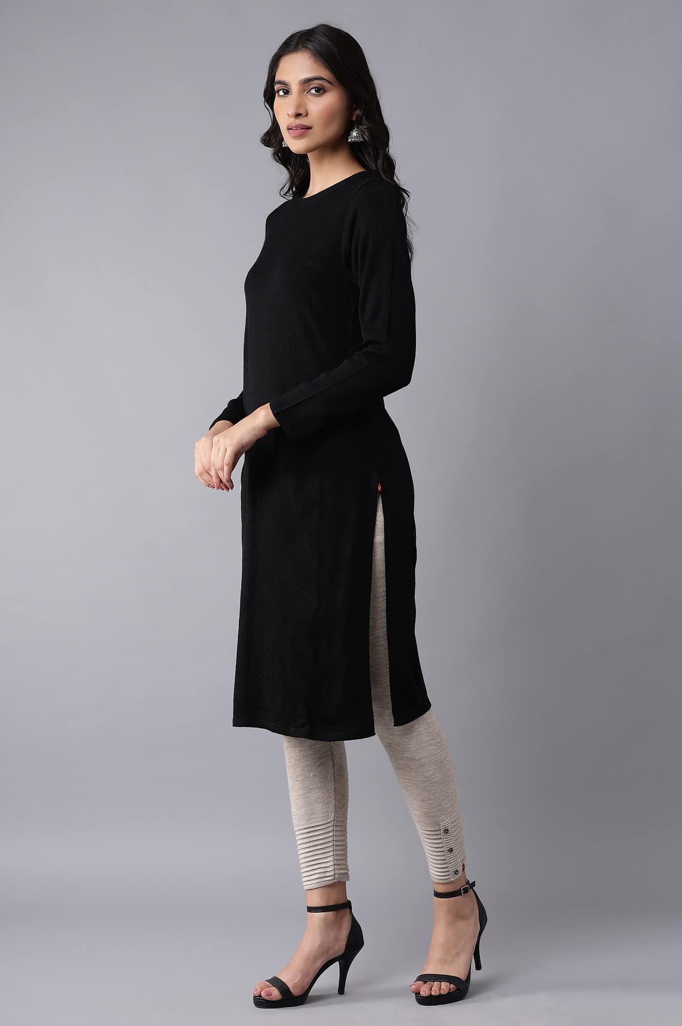 W for Woman Women's Acrylic Black Slim Fit Winter Dress Knee-Length