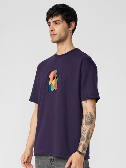 The Souled Store Fusion Berry Men and Boys Short Sleeves Round Neck Purple Embroidered Cotton Oversized T-Shirts