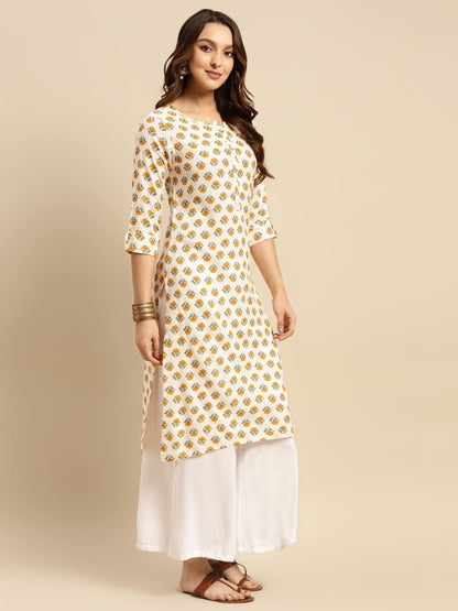 rangita Beige Rayon Calf Length Printed Straight Kurti for Women | Kurta for Women