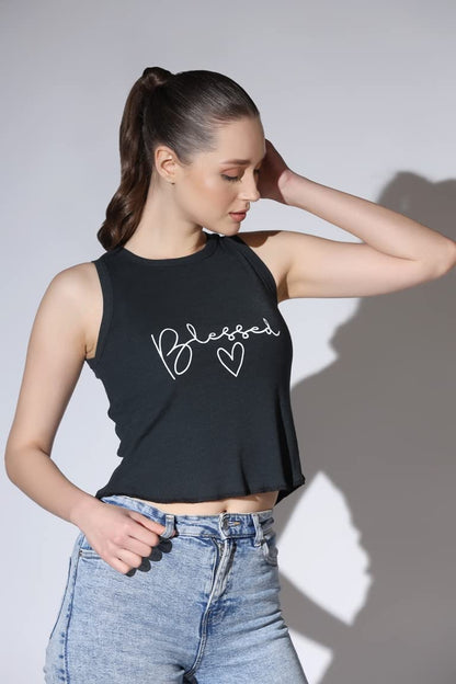Leriya Fashion Tops For Women | Ribbed Blessed Printed Western Sleeveless Regular Fit Tank Crop Tops For Girls | Casual | Colleg