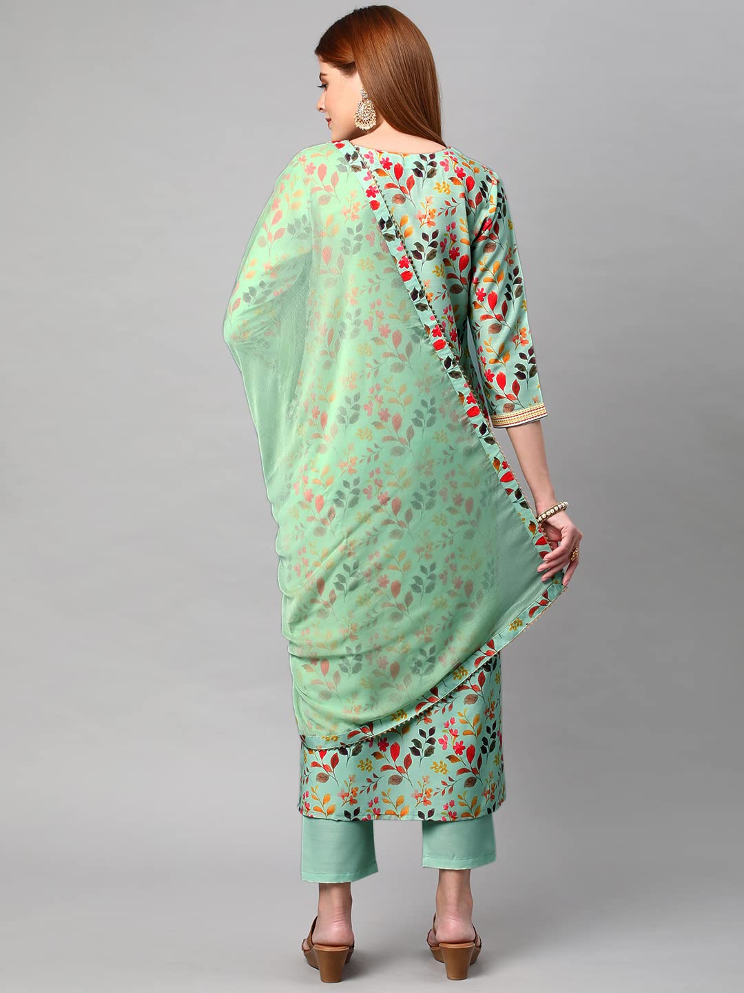 Gosriki WomenS Cotton Blend Printed Kurta And Pant With Dupatta Set (Kaleping-Pista-Nw-Gs_Xxl_Pista_Xx-Large)