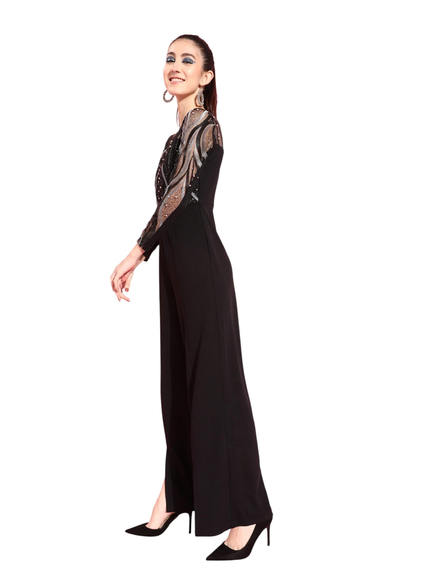 Miss Chase Womens Embroidered Regular Jumpsuit (MCAW21D04-99-242-06, Black And Silver, XL)
