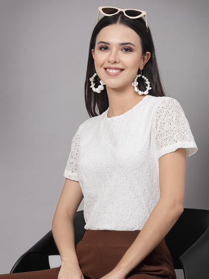 Style Quotient Women White Self Design Cotton Lace Regular Smart Casual Top