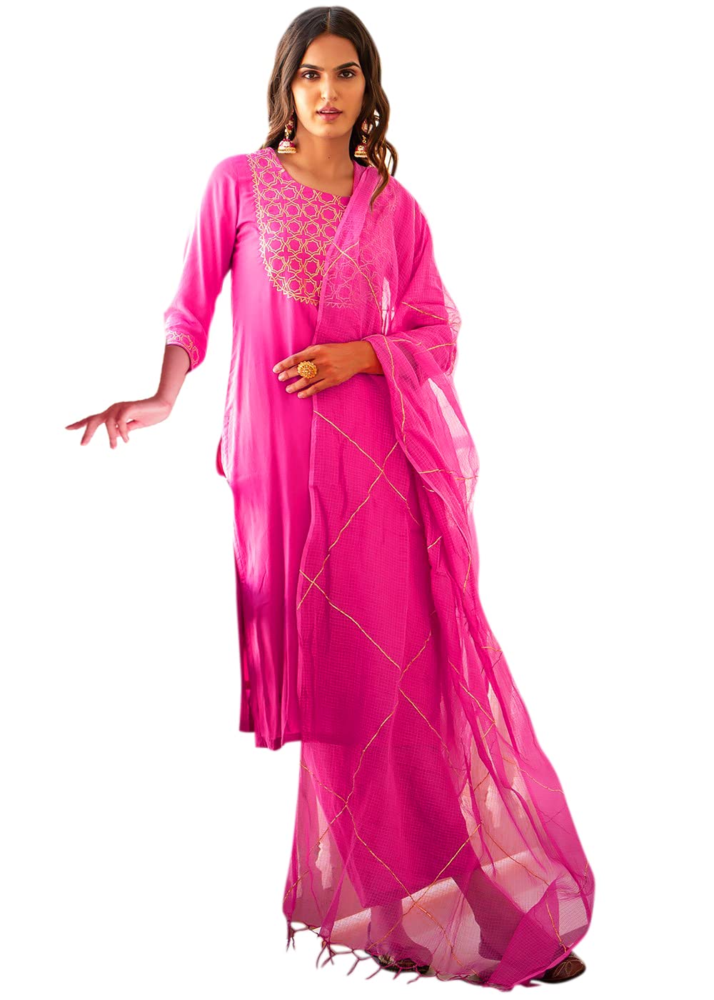 ANNI DESIGNER Women's Cotton Blend Printed Straight Kurta with Pant & Dupatta (Khunti STY)