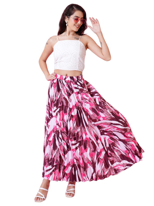Kzully | Printed Pleated Long Skirt Versatile Elegance For Every Occasion Pink