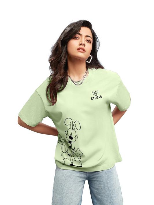 Bewakoof X Official Garfield Merchandise Womens Be Stupid Odie Graphic Printed 100% Cotton T-Shirt - Oversized Fit,Round Neck,H