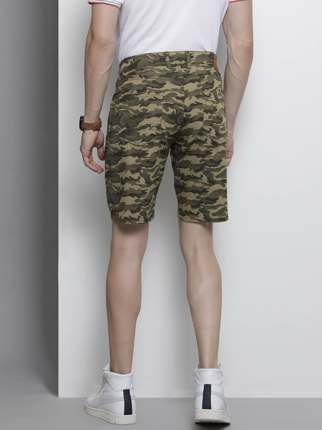 The Indian Garage Co Men Slim Fit Solid Mid-Rise Chino Shorts Olive Camo