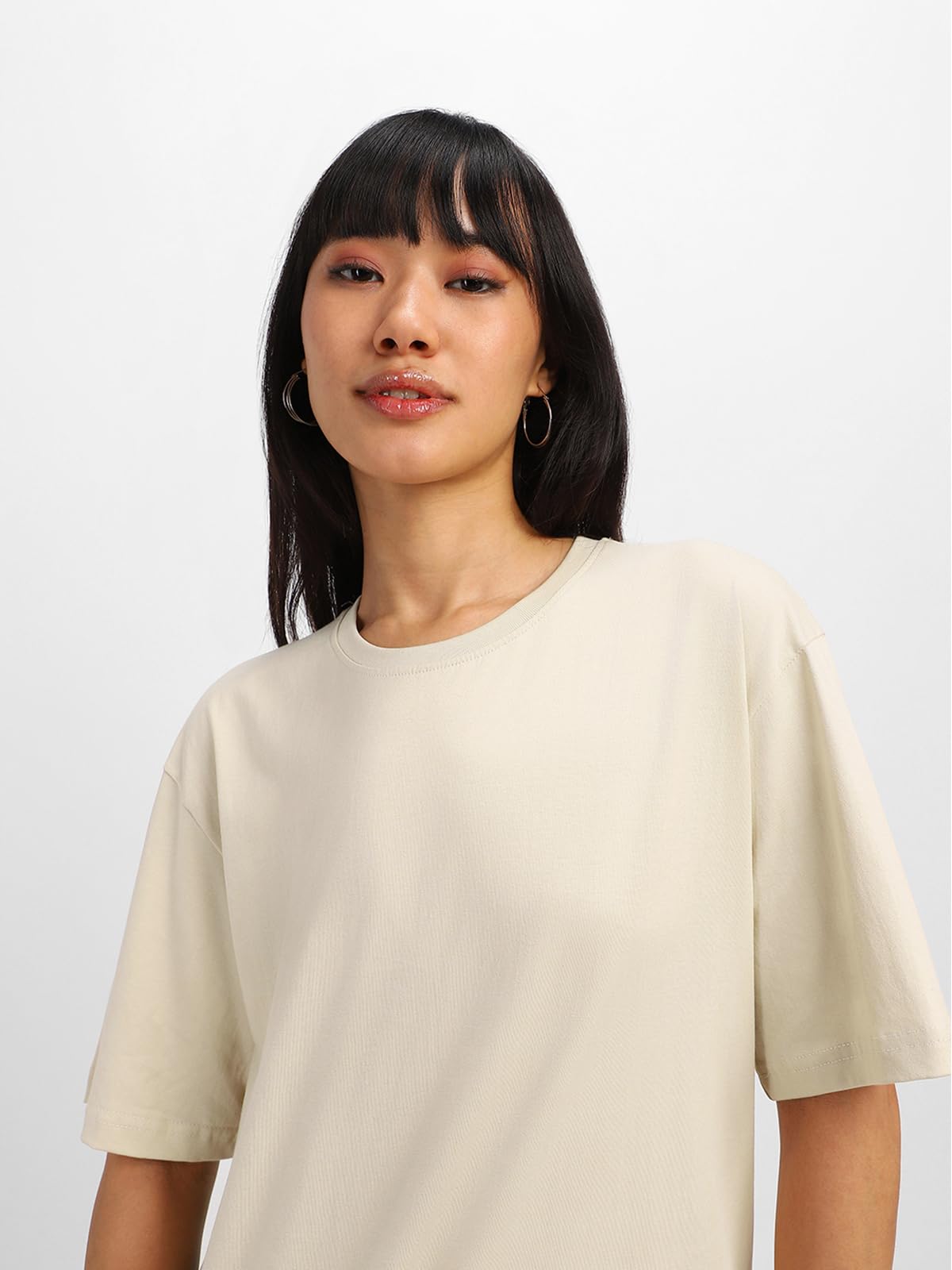 Juneberry Round Neck Drop Shoulder Beige Back Graphic Printed Pure Cotton Oversized T-Shirt For Women/Girls (Gl_Os_Trvmrwrls_Sw_