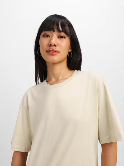 Juneberry Round Neck Drop Shoulder Beige Back Graphic Printed Pure Cotton Oversized T-Shirt For Women/Girls (Gl_Os_Trvmrwrls_Sw_