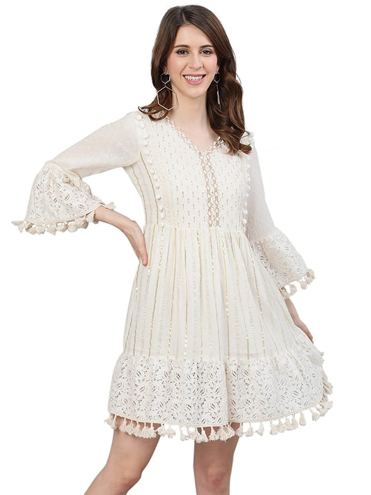 Ishin WomenS Pure Cotton Off White Zari Embellished A-Line Dress