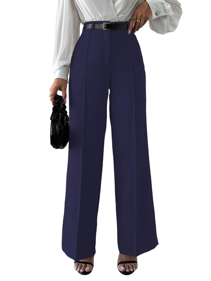 Shasmi Womens Solid Navy Blue Color High Waist, Wide Straight-Leg Loose Fit, Front Button Closure, Simple Daily Casual Long Pan
