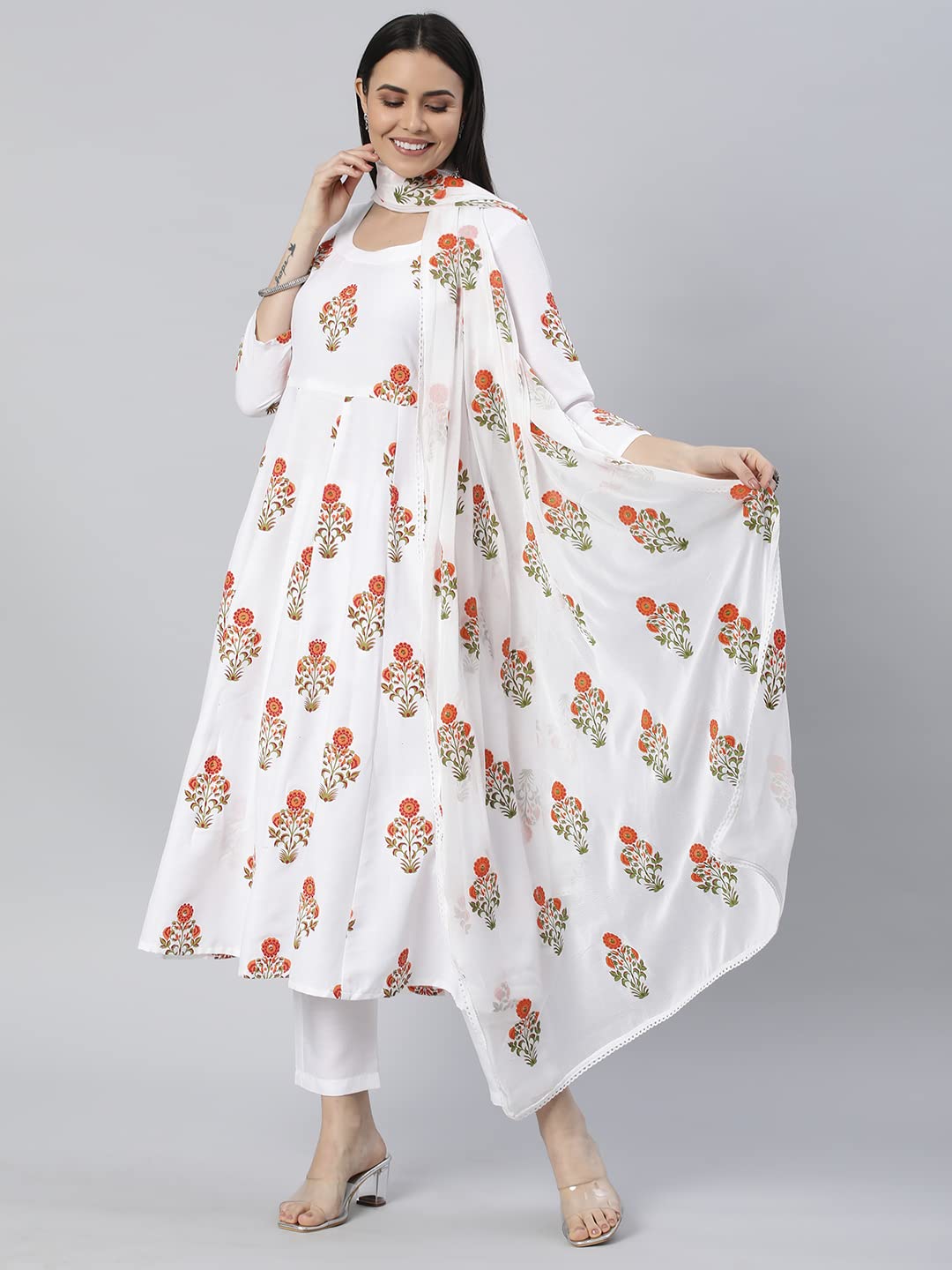 ANNI DESIGNER Women's Georgette Anarkali Floral Printed Kurta with Pant & Dupatta (CLEAN-WHITE)