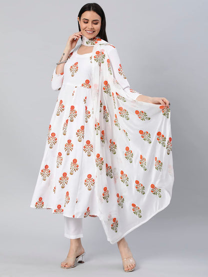 ANNI DESIGNER Women's Georgette Anarkali Floral Printed Kurta with Pant & Dupatta (CLEAN-WHITE)