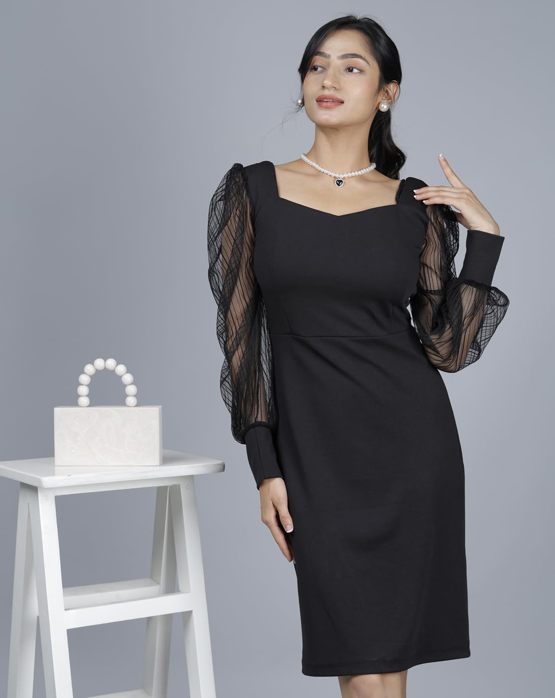 Noble Monk Women Knee Length Rib Dress | Baloon Sleeve | Slim Fit | Midi Dress | One Piece Dress For Women Black
