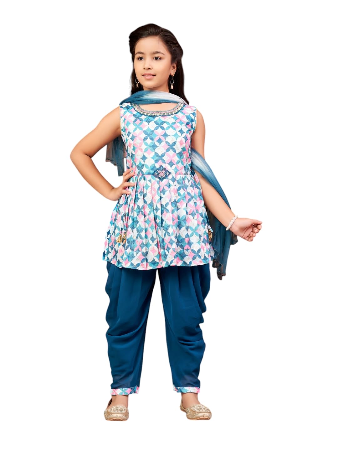 Aarika Girls Ethnic Wear Sea Green Colour Floral Print Beads Embroidery Cotton Blend Dhoti Kurta Set With Dupatta-4-9 Years (Dh-