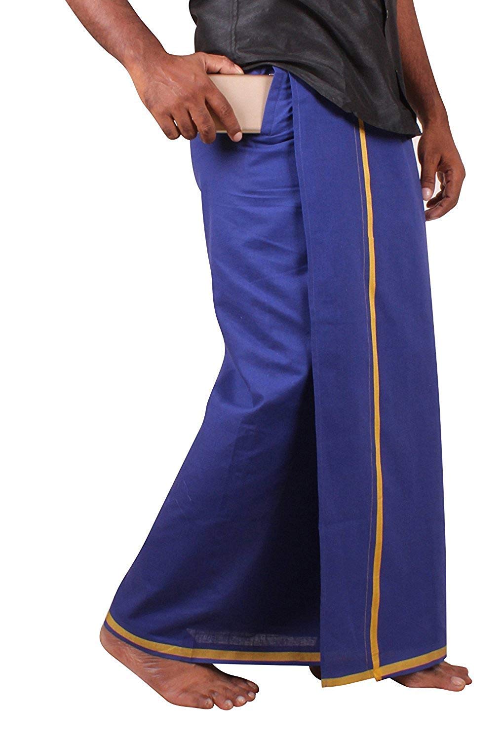Prakasam Cotton Mens Pure Cotton Fine Quality Stitched Pocket Welcro Attachment Blue Colour Dhoti For Mens