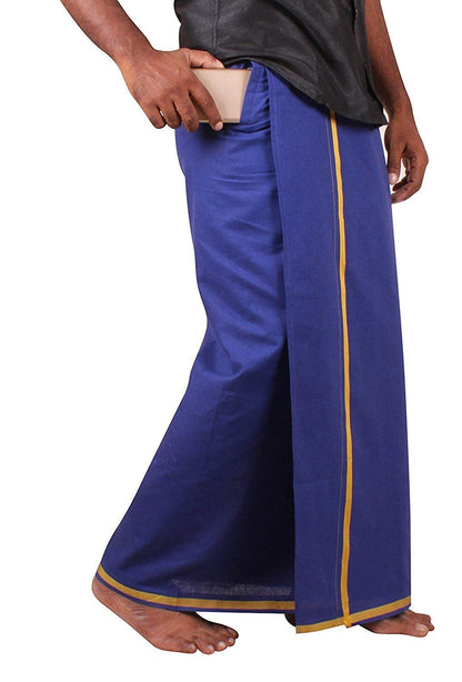 Prakasam Cotton Mens Pure Cotton Fine Quality Stitched Pocket Welcro Attachment Blue Colour Dhoti For Mens