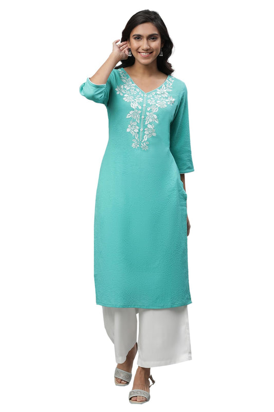 Aurelia Green Floral Printed Printed Cotton Rayon Blend Kurta With Thread Work