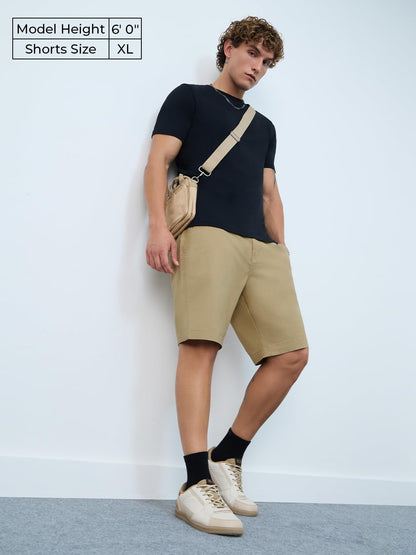 The Souled Store Chino Shorts: Camel Men and Boys Buttoned Beige Solid Cotton Blend Knee Length Chino Shorts