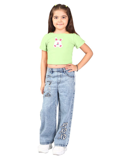 Naughty Ninos Girls Blue Heavy Fade Embroidered Pants
