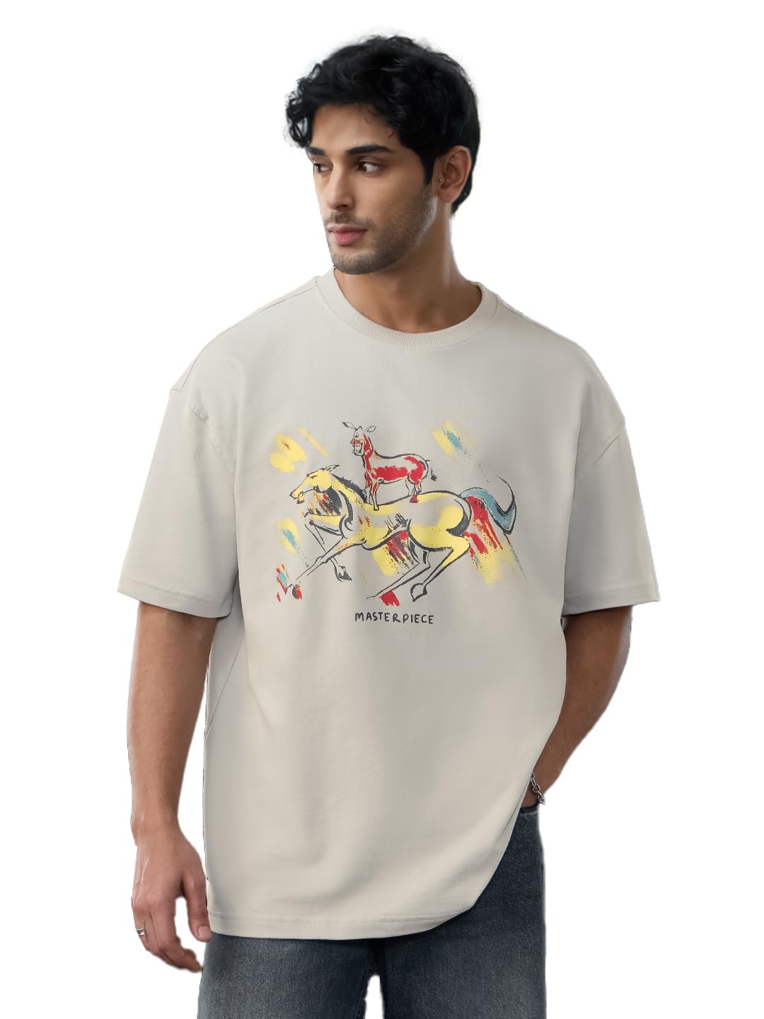 The Souled Store Welcome: Majnu Bhai Painting Men and Boys Grey Graphic Printed Cotton Oversized T-Shirts