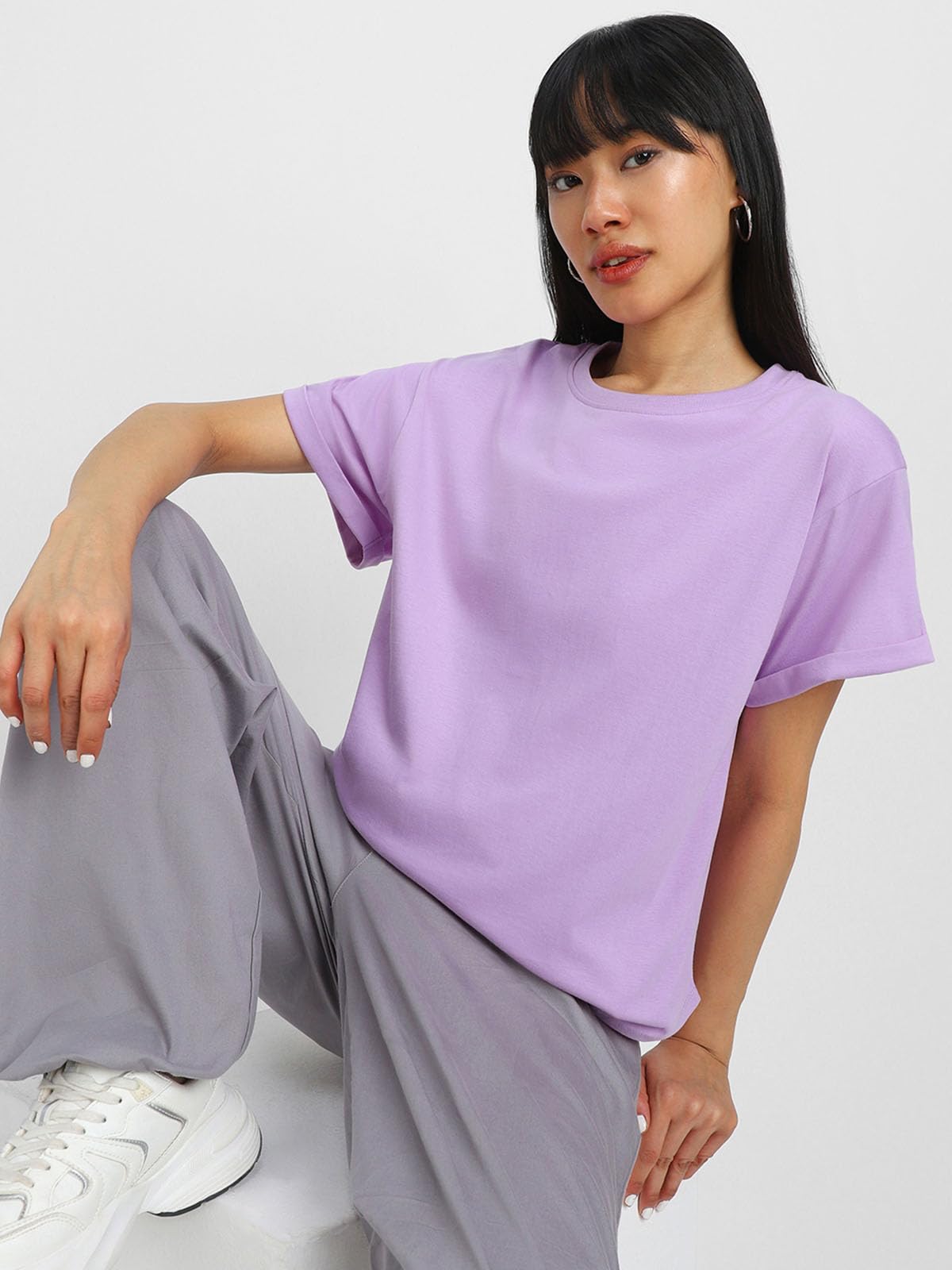 Juneberry Pure 100% Cotton Oversized Loose Baggy Fit Round Neck With Drop Shoulder Lilac & Maroon Half Sleeves Boyfriend T-Shirt