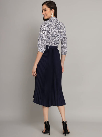 Kzully | Elegant A-Line Dress: Collared V-Neck Top, Pleated Skirt With Elastic Waist, Includes Belt Navy Blue