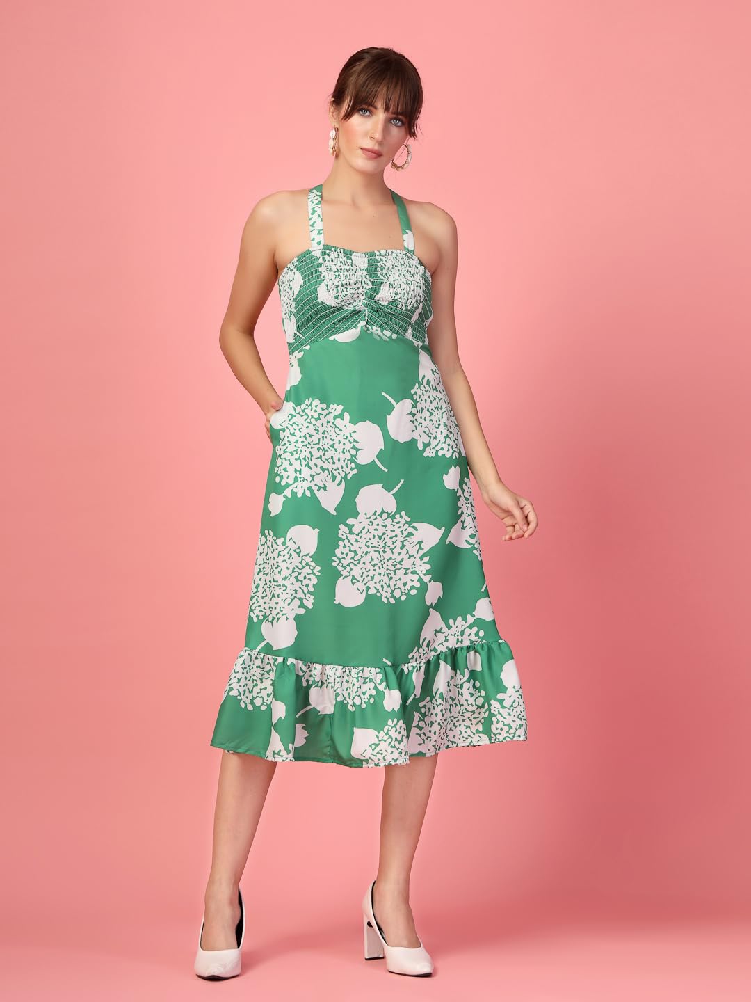 Oomph! WomenS Western & Fusion Wear Printed Crepe Dress For Women, Smocked Bodice, Green - Md1051