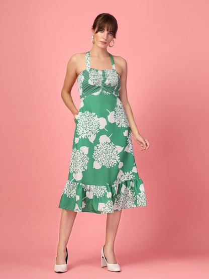 Oomph! WomenS Western & Fusion Wear Printed Crepe Dress For Women, Smocked Bodice, Green - Md1051